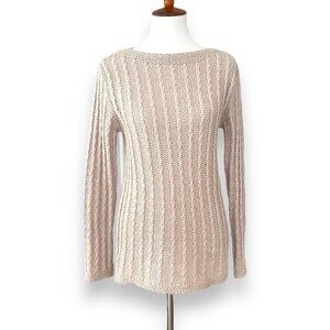 🍀Berretti Beige Metallic Gold Weave Boat Neck Cable-Knit Pullover Sweater Size M